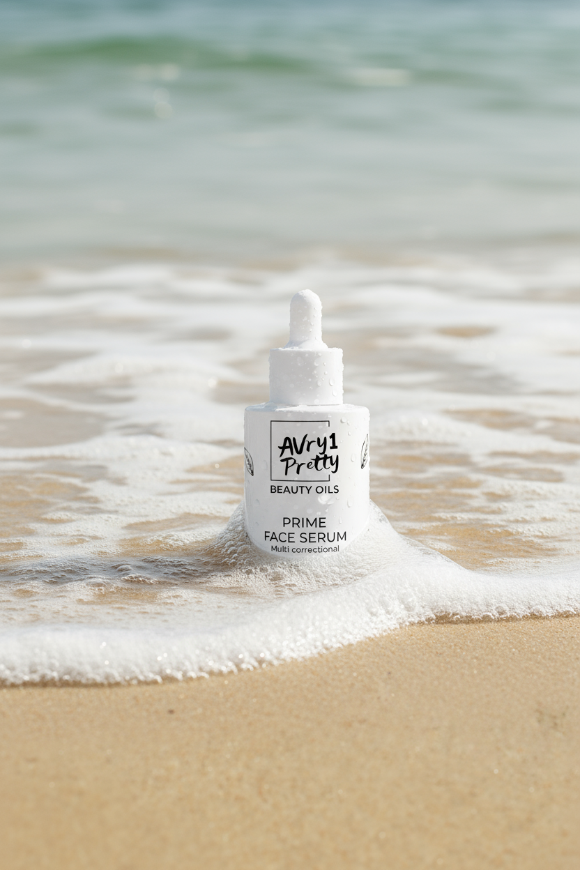 AVYI PRETTY PRIME FACE SERUM bottle on a beach with ocean waves.