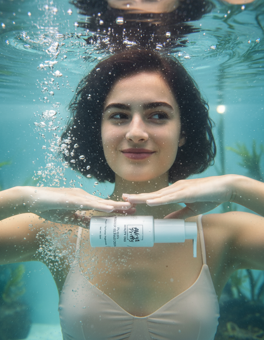 Woman holding a bottle of purify barrier repair cream by avry1 pretty under water