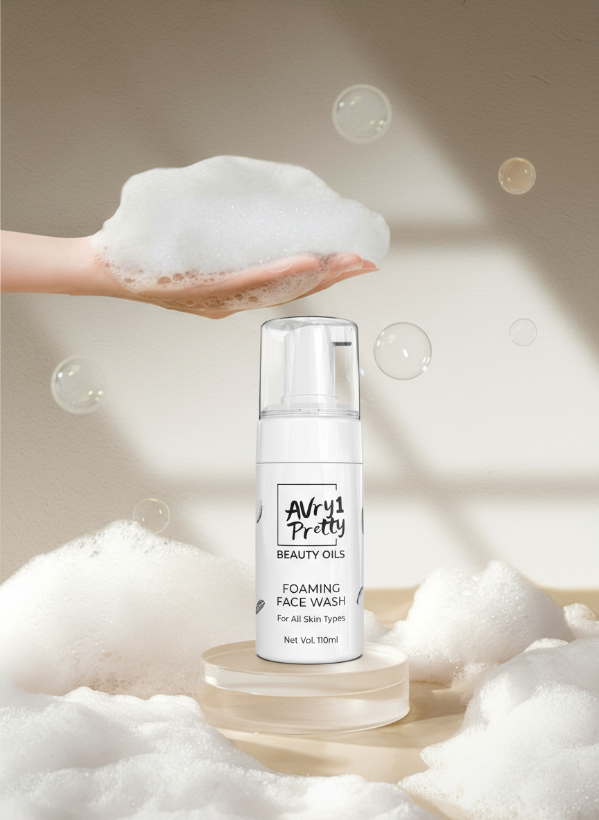 AVry1 Pretty foaming face wash with bubbles on a neutral background