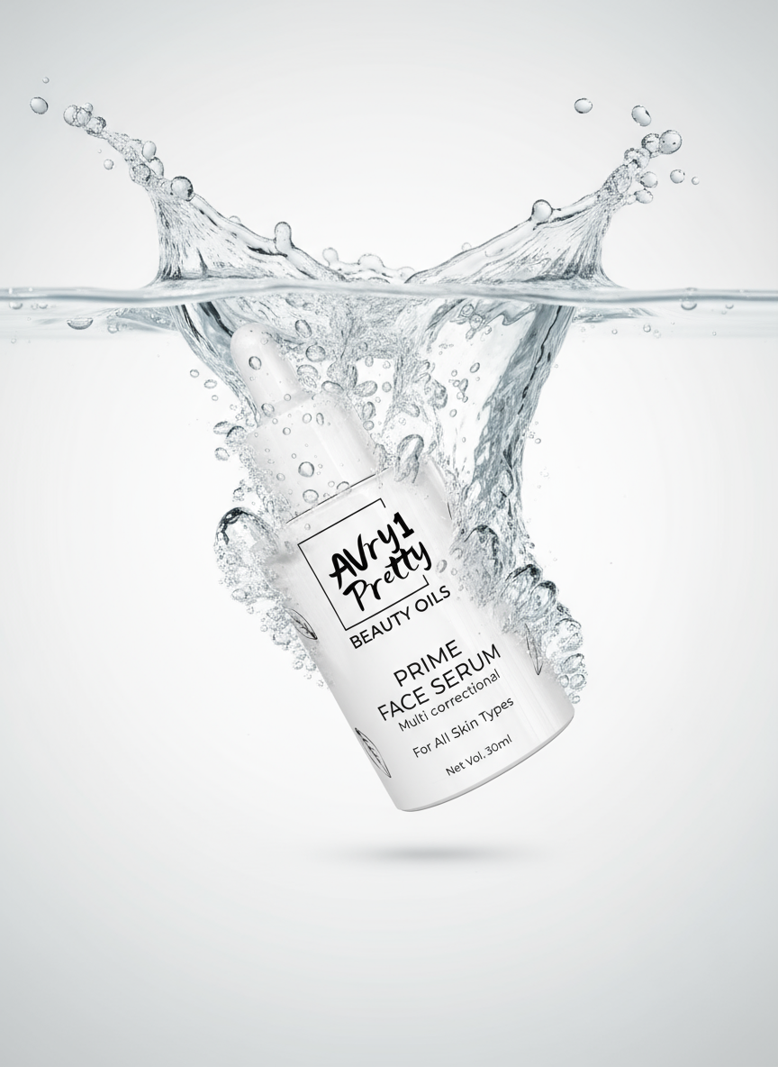 AVry1 Pretty Prime Face Serum with water splash on a light gray background