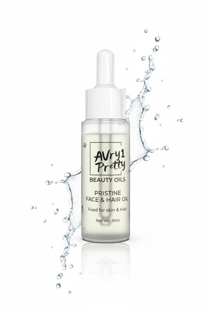 Avry1 Pretty pristine face and hair oil beauty oil bottle with water splash on a white background