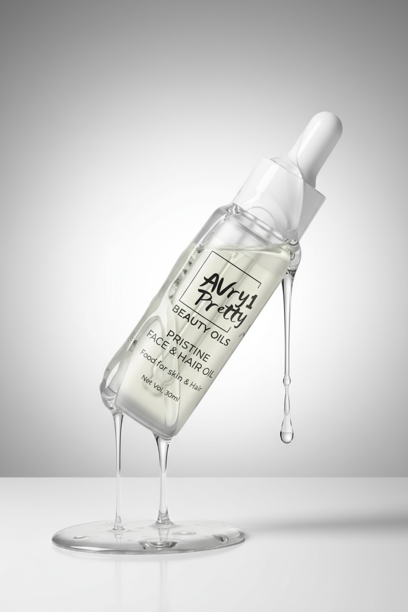 Skincare dropper bottle with 'AVry1 Pretty' pristine face and hair oil branding on a gray background