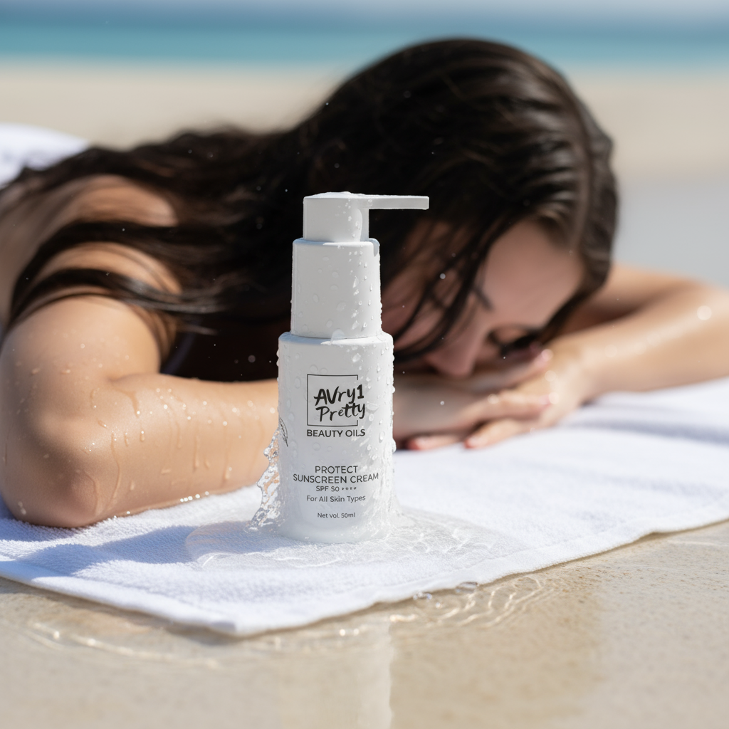 Woman lying on a towel at the beach with a bottle of protect sunscreen cream by avry1 pretty in front of her.