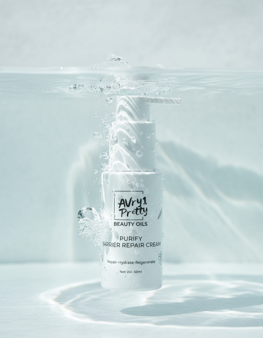 AVry1 Pretty barrier repair skincare bottle with water droplets on a light background
